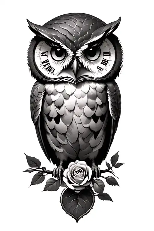 dark realism owl, vintage pocket watch, roses tattoo design idea