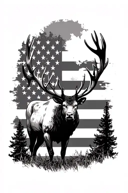 bull elk American flag  arm sleeve tattoo with nature back ground tattoo design idea