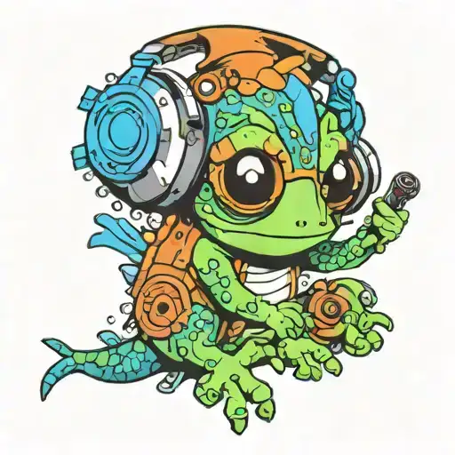 A whimsical new-school tattoo of a colorful chameleon wearing headphones and playing a video game, inspired by Jak and Daxter tattoo design idea