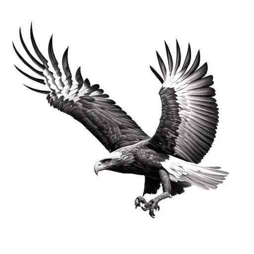 Photorealistic hyper-detailed tattoo of a majestic eagle in mid-flight with spread wings, black and gray realism style,  tattoo design idea
