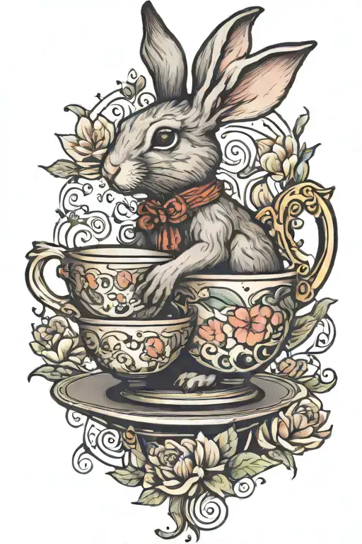 rabbit holding tea cup tattoo design idea