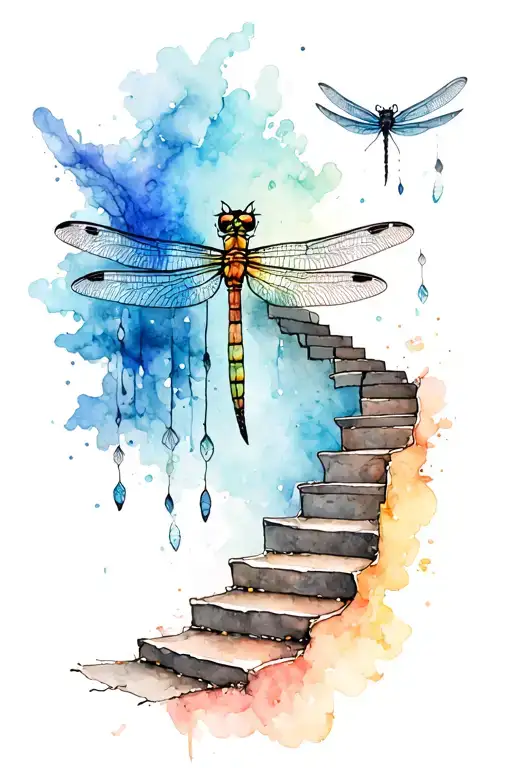 stairway to heaven with feather falling, dragonfly tattoo design idea