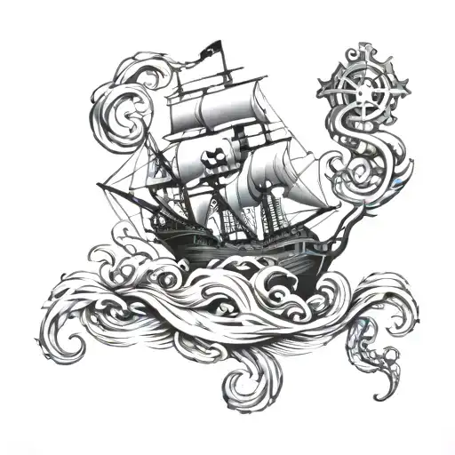 pirates, ships, anchors, octopus, chains, waves tattoo design idea