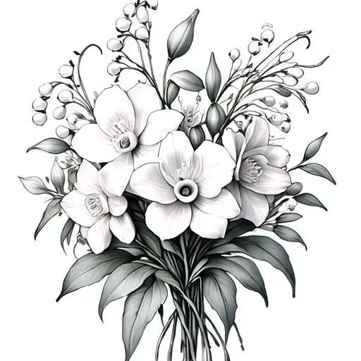  dainty narcissus, rose, and lily of the valley in a bouquet tattoo design idea