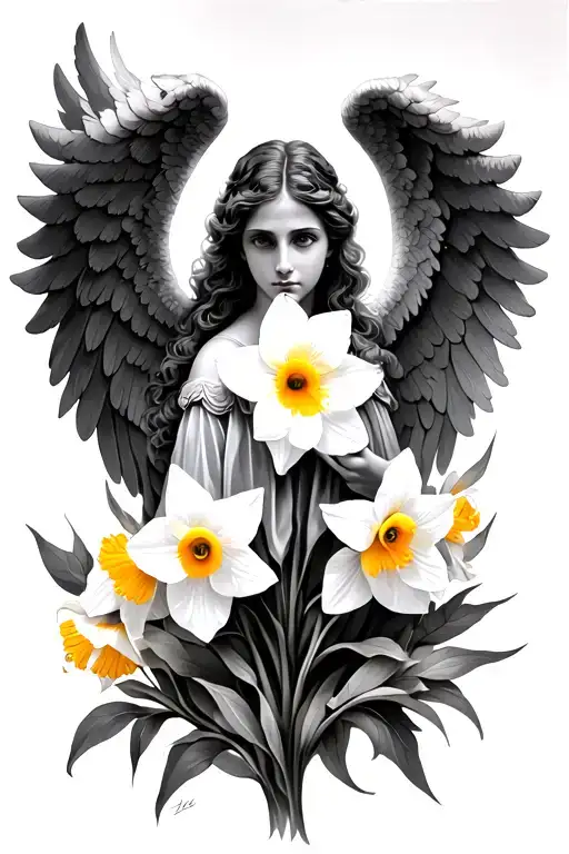 angel wings, daffodil flower, december 11 2013 roman neumeral tattoo design idea