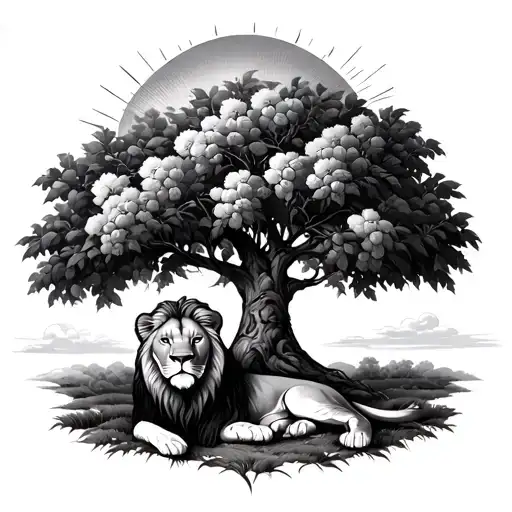 a lion laying underneath a peach tree realisitc with a sun in the top left background with clouds and sun rays  tattoo design idea