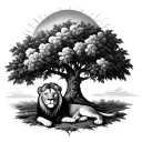 a lion laying underneath a peach tree realisitc with a sun in the top left background with clouds and sun rays  tattoo design idea
