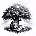 a lion laying underneath a peach tree realisitc with a sun in the top left background with clouds and sun rays  tattoo design idea