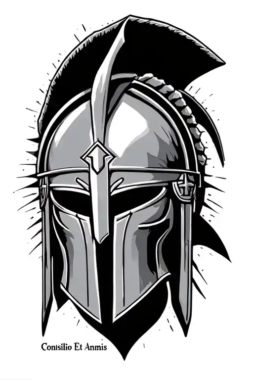 "Consilio Et Animis" spartan helmet surrounded tattoo design idea