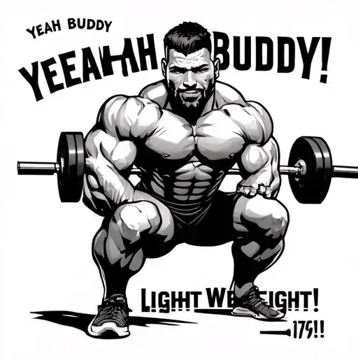 "Yeah Buddy Light Weight!!!" barbell squat tattoo design idea
