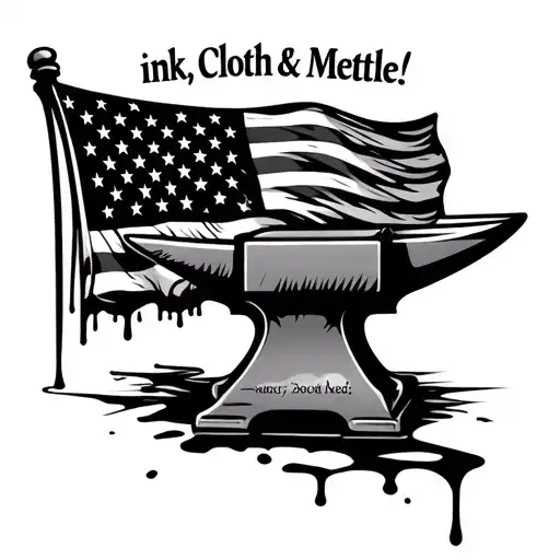 flag draped over an anvil with "ink, Cloth & Mettle!" at image top with dripping ink running off words and tattoo gun tattoo design idea