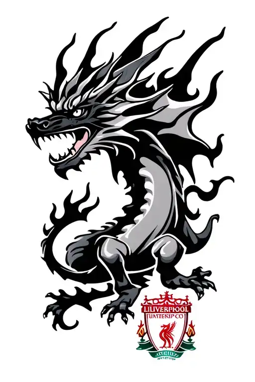 dragon with flames and liverpool fc logo and saggitaruis symbol tattoo design idea