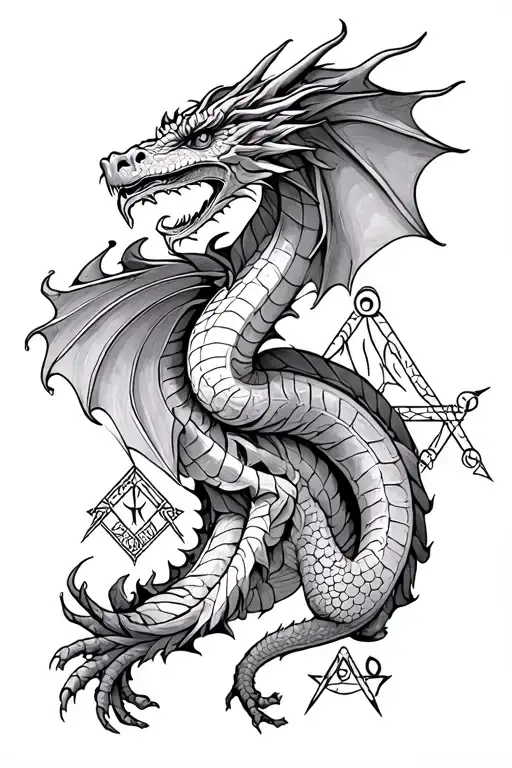 Design a dragon intertwined with Freemason symbols for a mysterious tattoo tattoo design idea