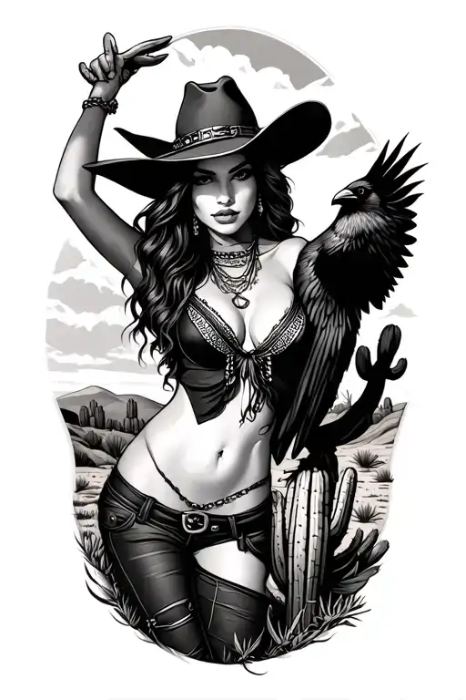 sexy cowgirlin desert with cactus and raven tattoo design idea