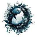 Aquarius and Pisces constellation intertwined vines surrounded by water and lily of the valley tattoo design idea