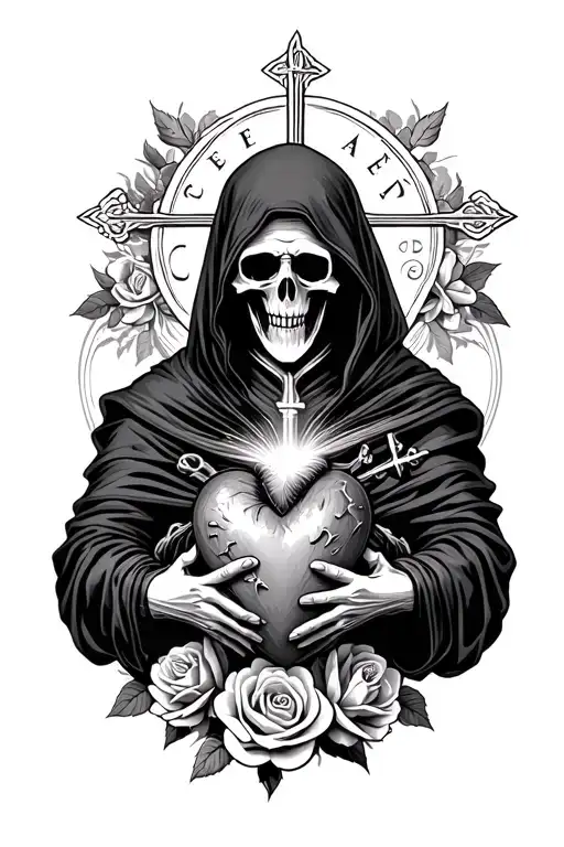 realistic grim reaper holding a Sacred Heart with Creed above it background with roses  tattoo design idea