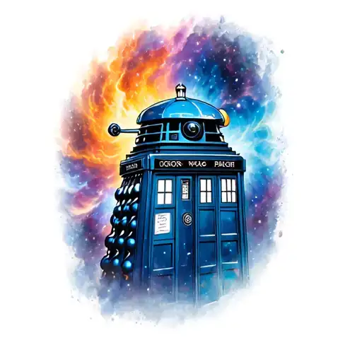 hand sleeve space color background with doctor who, tardis, dalek black realism tattoo design idea