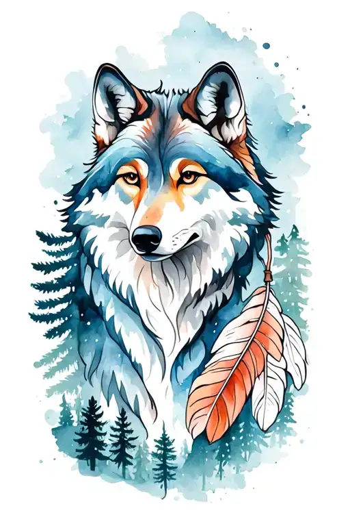 feminine wolf with feathers and forest landscape tattoo design idea
