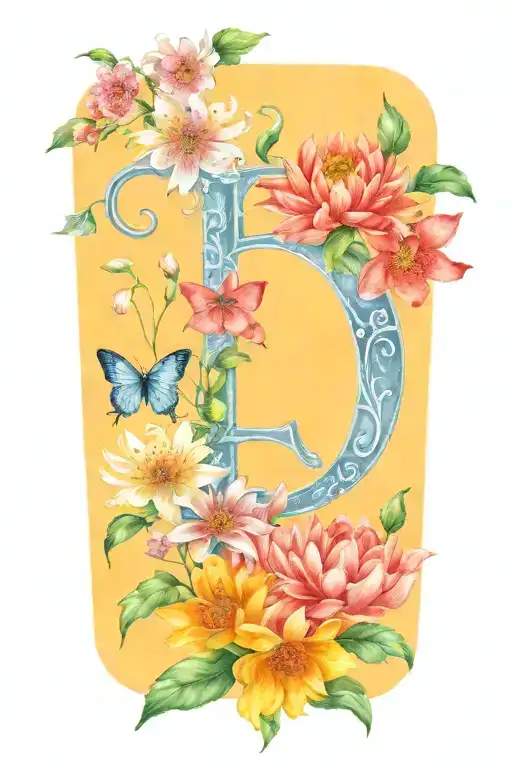 An Intricate Design Of A paintbrush, "g" and Chrysanthemum And larkspur tattoo design idea