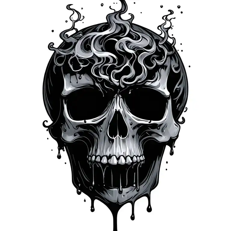 skull with the top of the head becoming  smoke and the jaw becoming liquid and dripping tattoo design idea