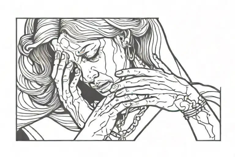 woman praying crying blood tears with Jesus necklace wrapped around fingers  tattoo design idea