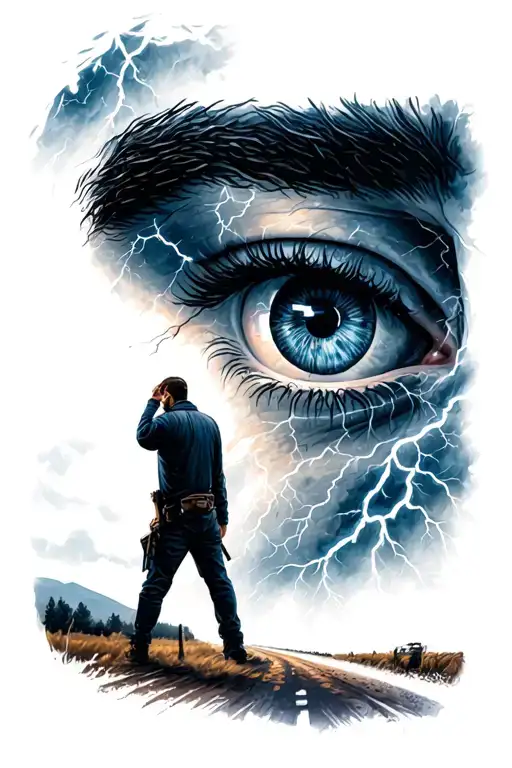 eye of the storm with a thunderstrike towards a man on a country road tattoo design idea