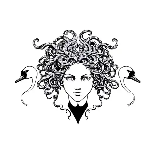 medusa head and 2 swans facing each side tattoo design idea
