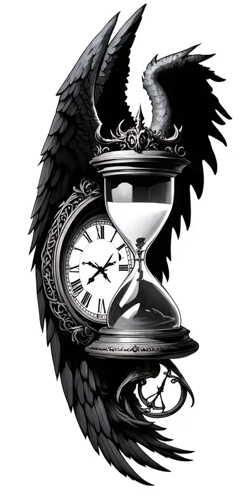 clocks, hour glass, angel wings, demon tail,all intertwined. tattoo design idea