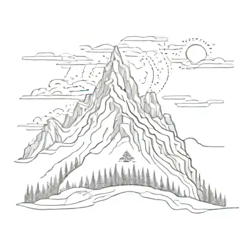 A sketch style tattoo of a majestic mountain range with a hidden Harry Potter reference incorporated into the design tattoo design idea