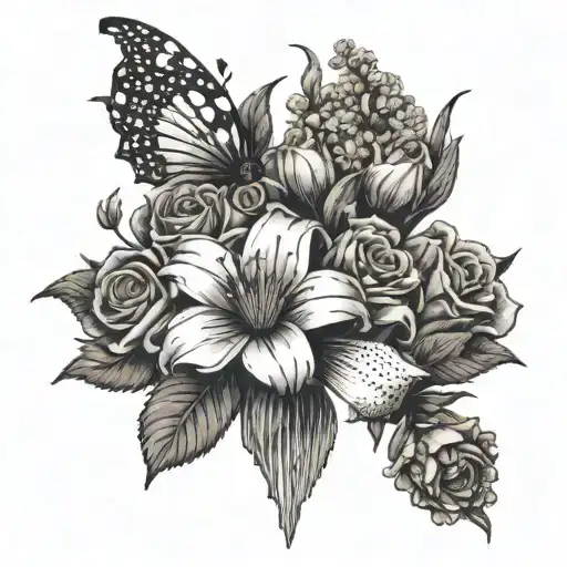 A dotwork design of a flower bouquet with hidden military symbols intertwined, inspired by Billie Eilish's lyrics tattoo design idea