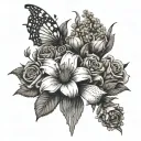 A dotwork design of a flower bouquet with hidden military symbols intertwined, inspired by Billie Eilish's lyrics tattoo design idea