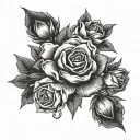 A dotwork design of a flower bouquet with hidden military symbols intertwined, inspired by Billie Eilish's lyrics tattoo design idea