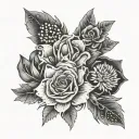 A dotwork design of a flower bouquet with hidden military symbols intertwined, inspired by Billie Eilish's lyrics tattoo design idea