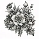 A dotwork design of a flower bouquet with hidden military symbols intertwined, inspired by Billie Eilish's lyrics tattoo design idea