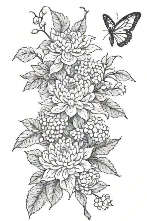 chrysanthemum flower, mulberry fruit and bougainvillea flowers and butterflie tattoo design idea
