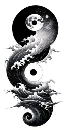 yin and yang symbol splitting a turbulent sea with a sun and moon in the back ground.  tattoo design idea