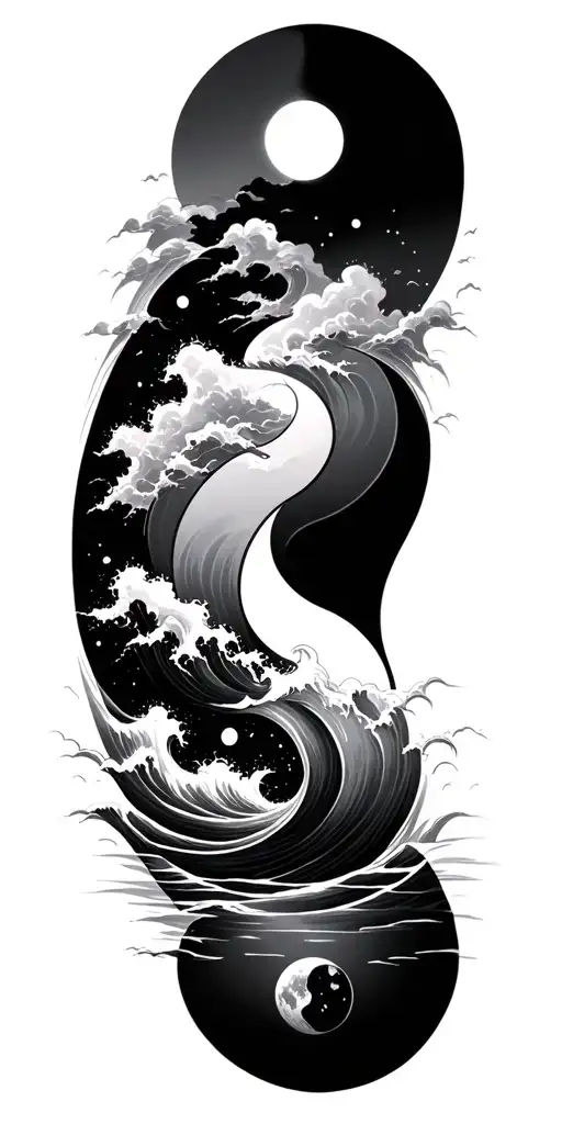 yin and yang symbol splitting a turbulent sea with a sun and moon in the back ground.  tattoo design idea