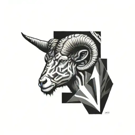 Aries in left side realistic and right side geometric style tattoo design idea