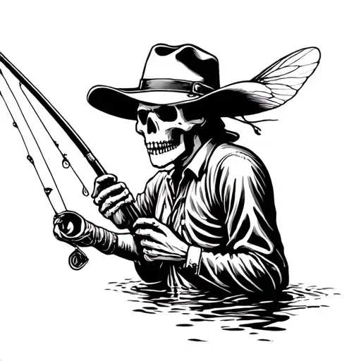 skeleton fly fisherman with a cowboy hat holding a fly fishing rod  tattoo design idea