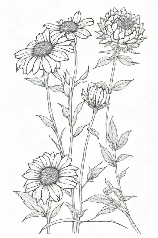 minimalistic bouquet of flowers (pink coneflower, cornflower, sunflower, lavender) tattoo design idea