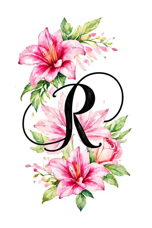 black cursive letter r surrounded by pink lillies and roses tattoo design idea