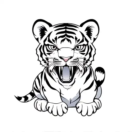 tiger cub, roaring angry sitting dow paw with claw tattoo design idea