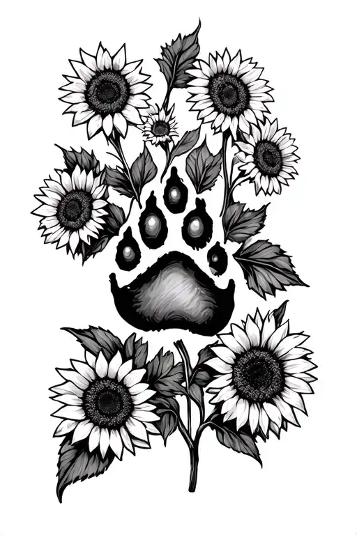 Cat paw print surrounded by sunflowers tattoo design idea