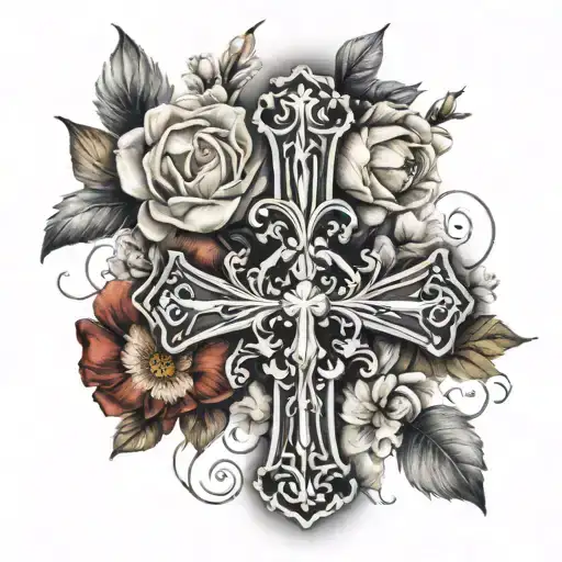 serbian cross with 4 c and flowers tattoo design idea