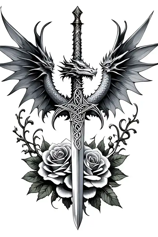 celtic abstract dragon, sword, and roses, spread wings tattoo design idea