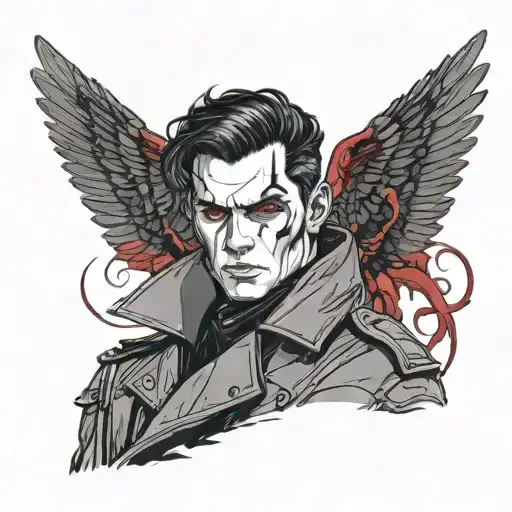 tall pale skin wrinkled nose red eyes that glow jet black mid length hair red and black leather trench coat circle dark  tattoo design idea