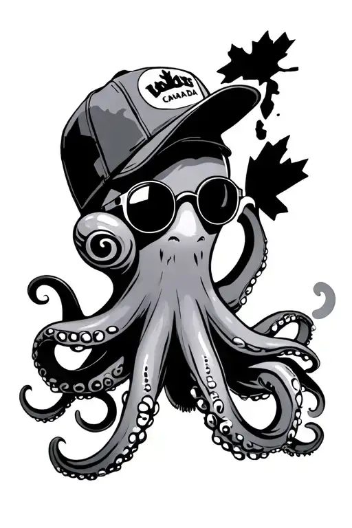 A friendly octopus wearing a trucker cap and round sunglasses, holding the silhouette of Canada with its tentacles. Deta tattoo design idea