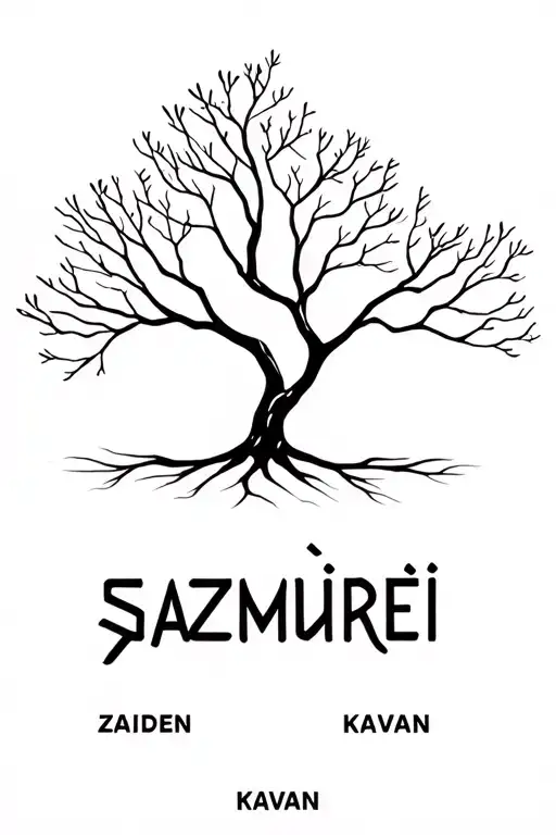 name sazmurei written longways up and down as a tree with the names zaiden and kavan as the branches extending out tattoo design idea