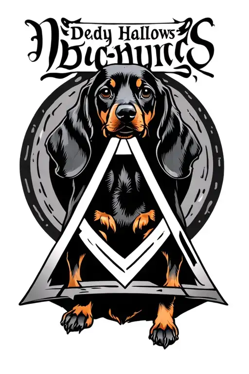 Deadly hallows logo with a dachshund patron saint tattoo design idea
