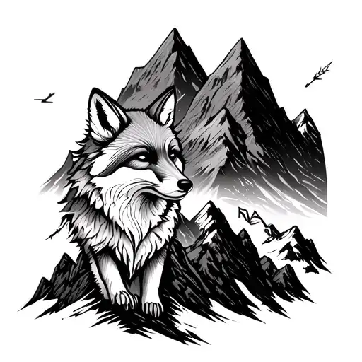 black and white forearm tattoo. A fox on the side of a mountain range, with an arrow as the base of the mountain tattoo design idea